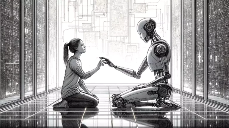 Ilustração de inteligência artificial interagindo com pessoas no dia a dia