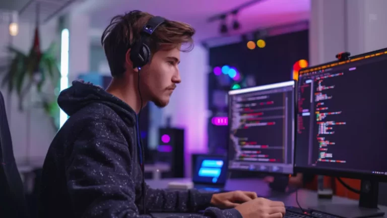 Pessoa usando inteligência artificial no computador para aumentar produtividade com hologramas tecnológicos ao redor.